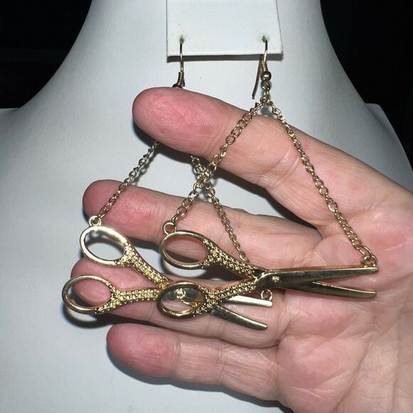 Gold Tone Fun and Funky Scissor Hanging Earrings - Picture 2 of 6